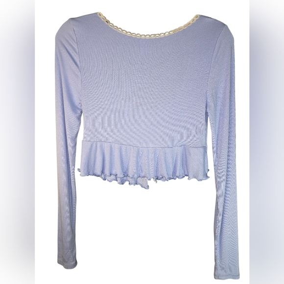 Out From Under Pastel Blue Lace -Trim Crop Top Long Sleeve Cottagecore Baby Tee - Picture 2 of 6
